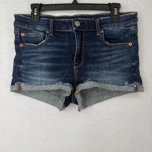 American Eagle Shortie Shorts Women Size 8 Blue Denim Next Level Stretch Raw Hem